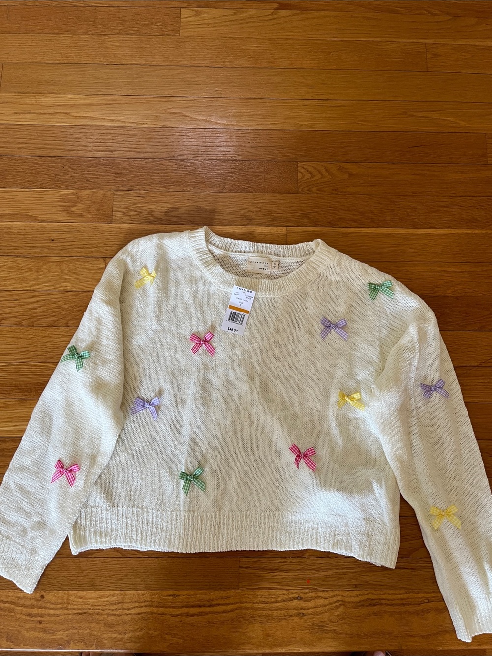 Cream Crewneck Sweater with Multicolor Bow Appliqués